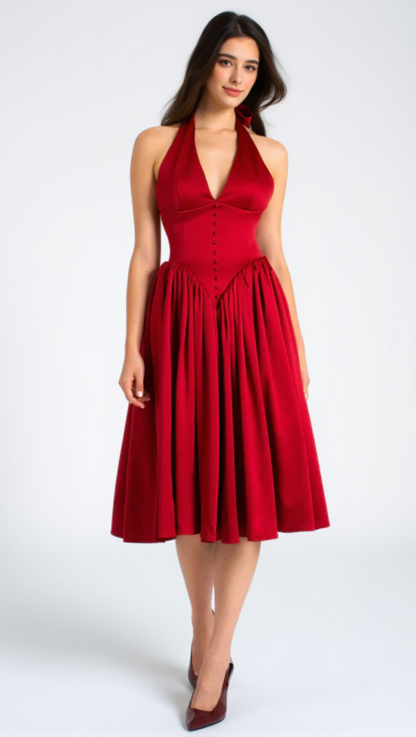 AIIZIE WENDY PLUNGING HALTER BACKLESS MAXI DRESS IN RED - product image