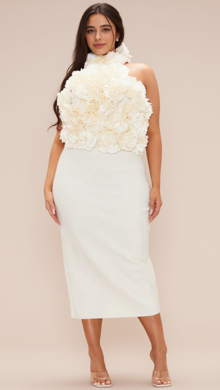 ABITO MIDI CON BENDAGGIO A FIORI IN BIANCO