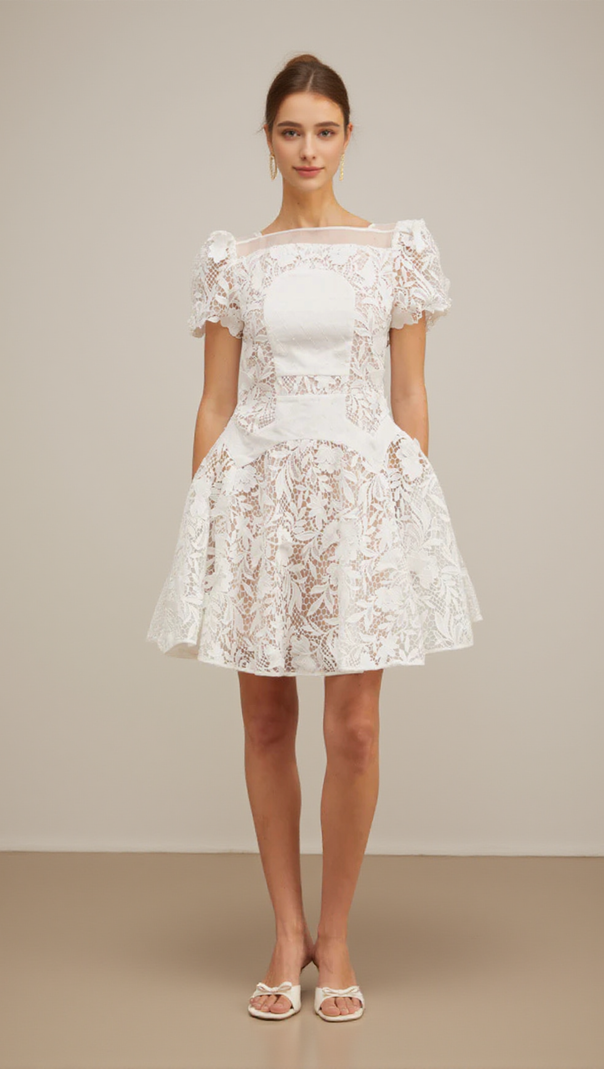 AIIZIE ROSE SLEEVE LACE HOLLOW MINI DRESS IN WHITE - product image