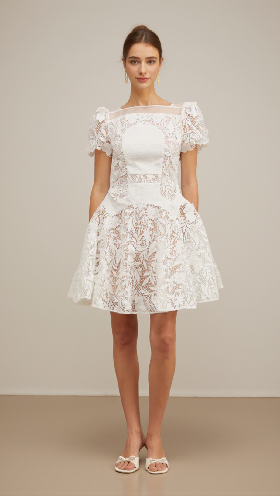 ROSE SLEEVE LACE HOLLOW MINI DRESS IN WHITE