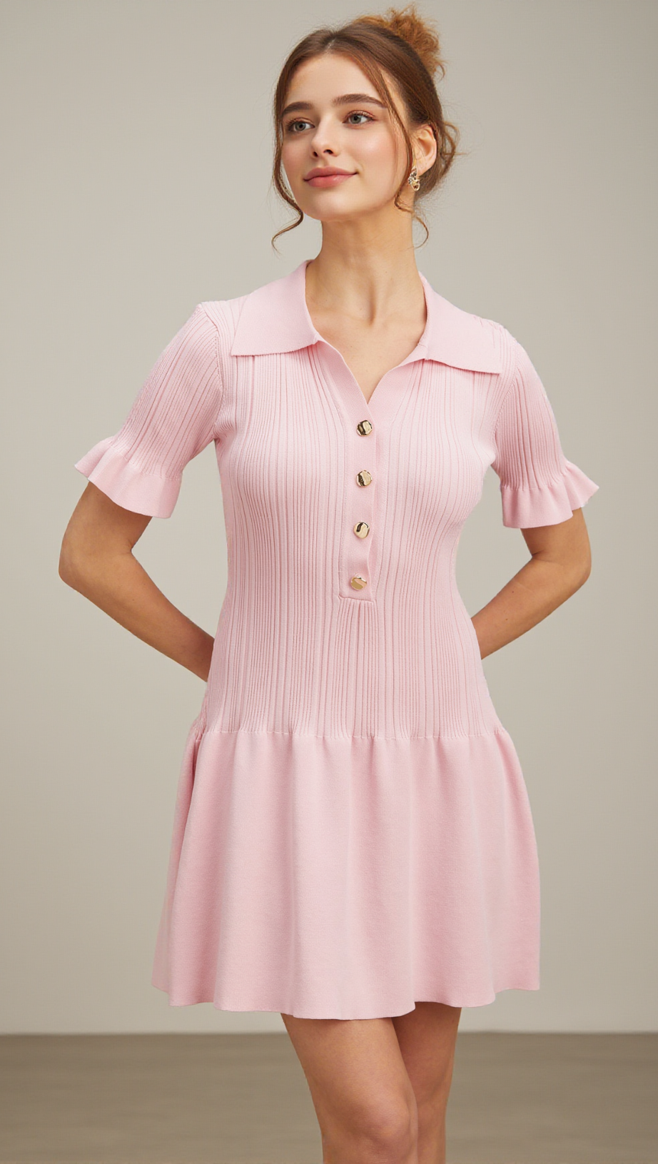 NOLWENN PINK FLARED FINE-KNIT MINI DRESS