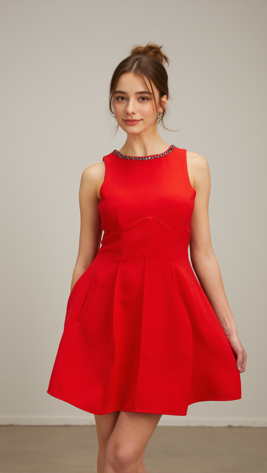 KATIE RED CRYSTAL-EMBELLISHED PUFF MINI DRESS