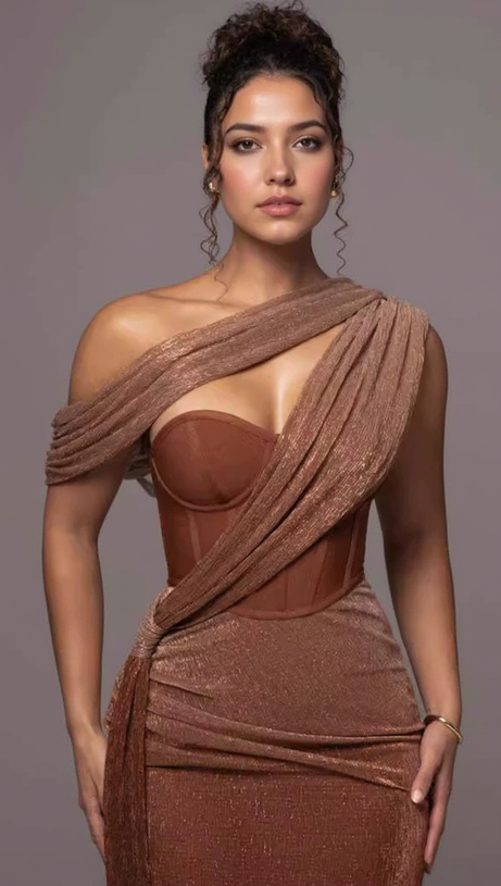 ONE SHOULDER DRAPED GLITTER BROWN CORSET OPEN BACK MAXI DRESS