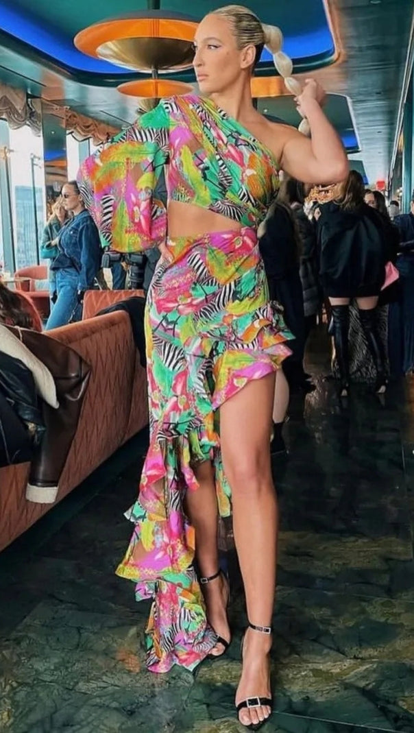 AIIZIE ONE SHOULDER RUFFLR TRIM PRINTED MAXI DRESS - product image