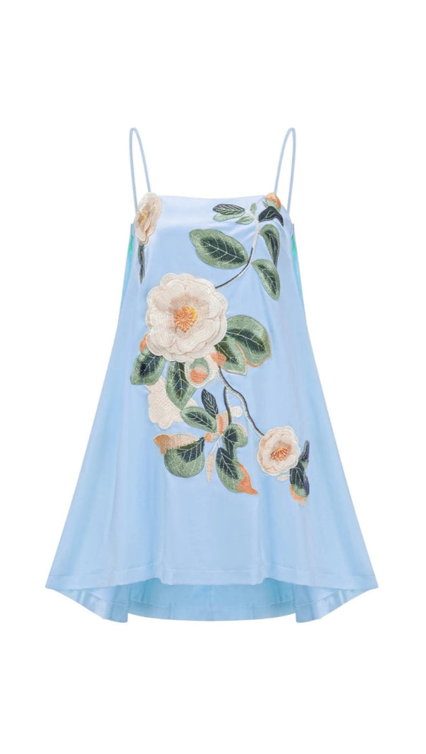 AIIZIE EDWINA APPLIQUE FLORAL EMBROIDERED MINI DRESS IN BLUE - product image