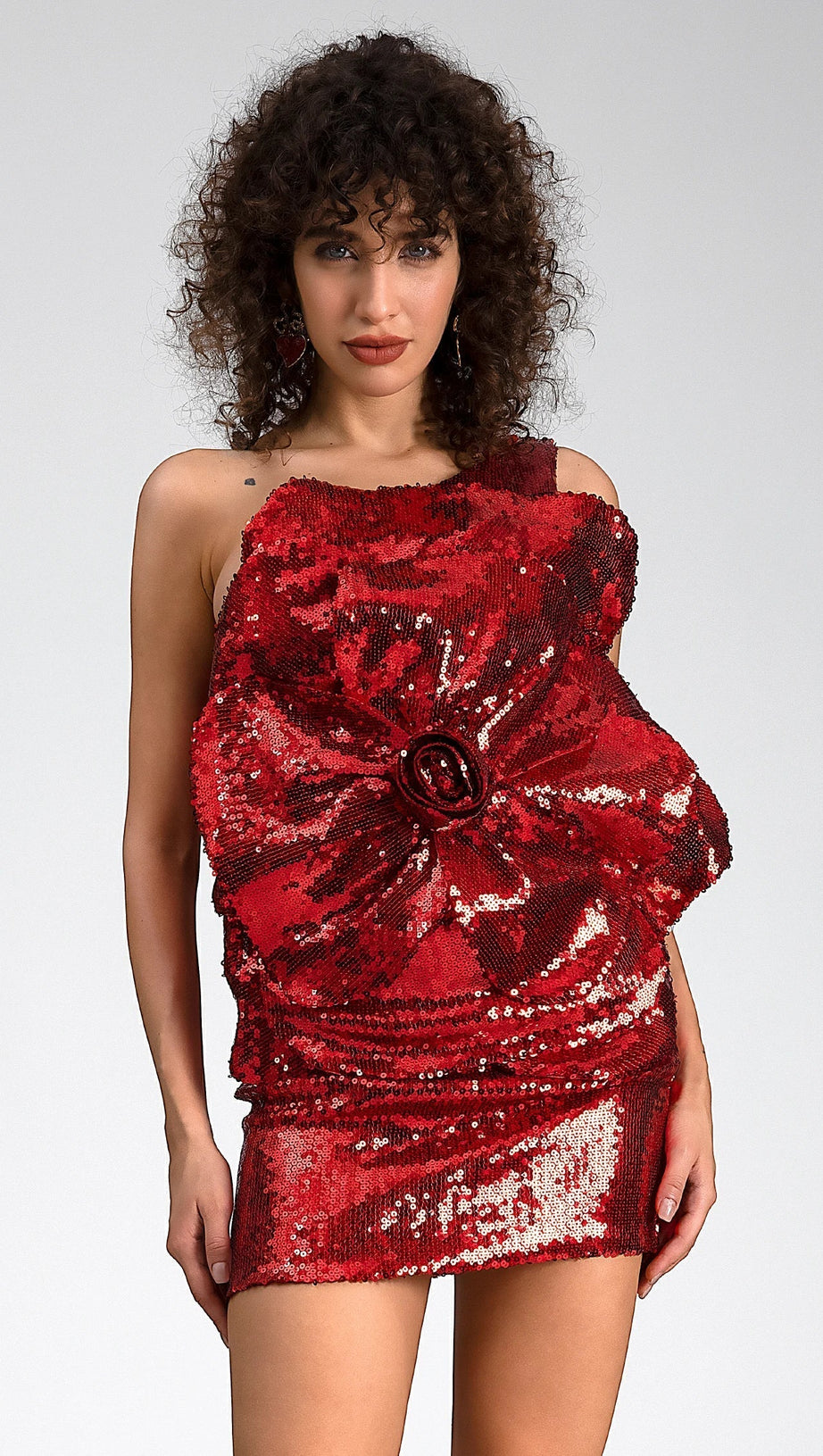 Foteini – One-Shoulder-Minikleid mit Pailletten und 3D-Blumenmuster