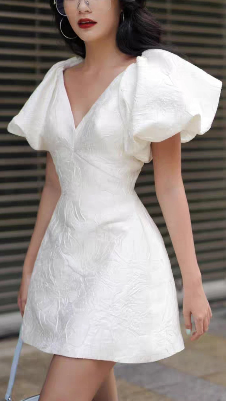 JACQUARD EMBOSSED V-NECK PUFF SLEEVES MINI DRESS