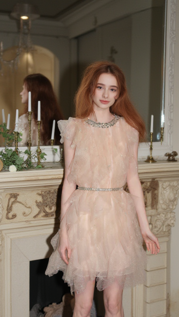 AIIZIE CRYSTAL EMBELLISHED RUFFLE MINI DRESS IN PALE PINK - product image