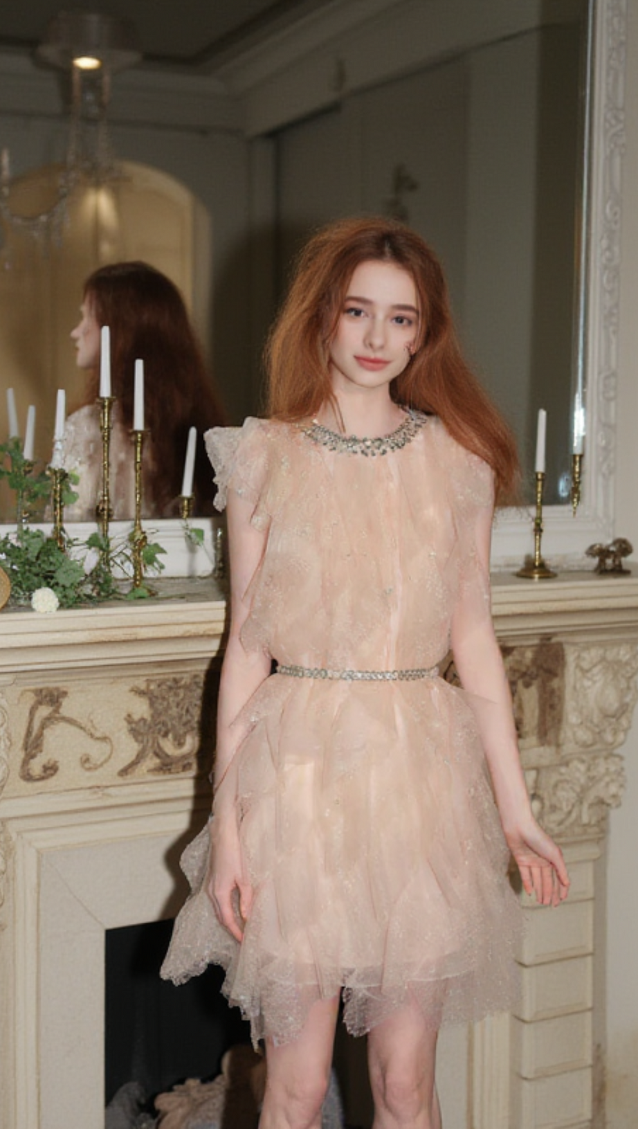 CRYSTAL EMBELLISHED RUFFLE MINI DRESS IN PALE PINK