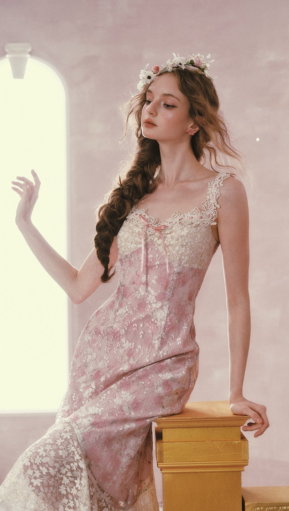 mandy Floral lace embroidery midi dress - pink