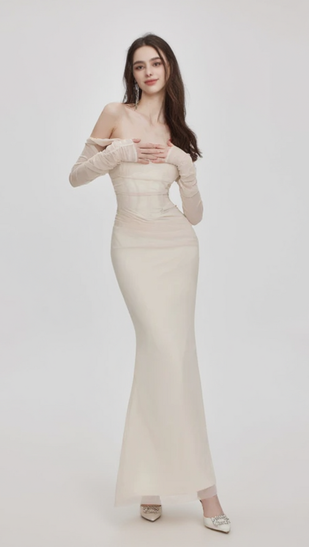 AIIZIE ARIEL APRICOT MESH OFF-SHOULDER MERMAID MAXI DRESS - product image