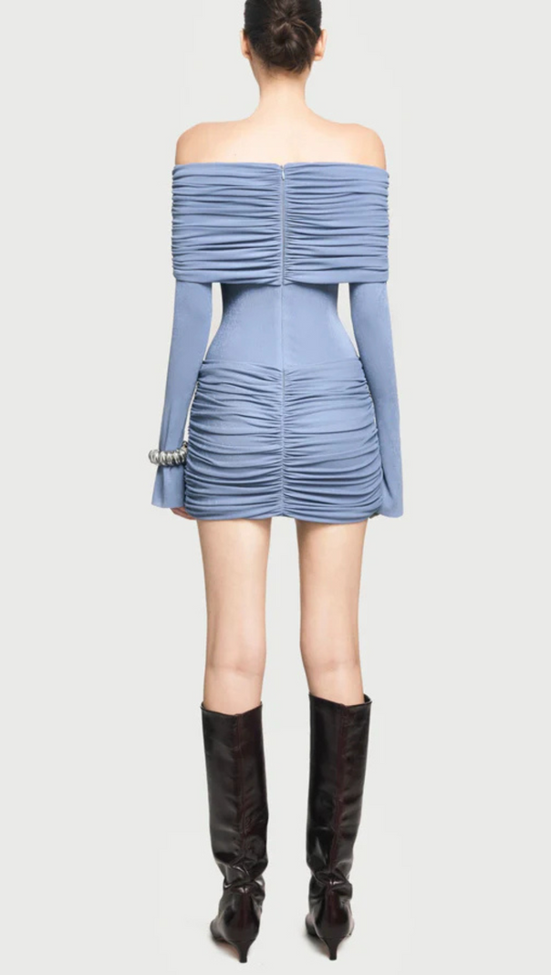 AIIZIE LEKEISHA OFF SHOULDER DRAPED MINI DRESS IN BLUE - product image