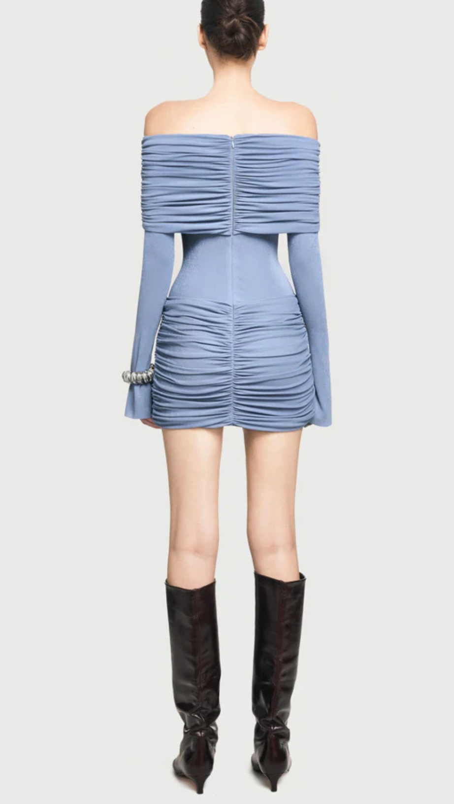 LEKEISHA OFF SHOULDER DRAPED MINI DRESS IN BLUE