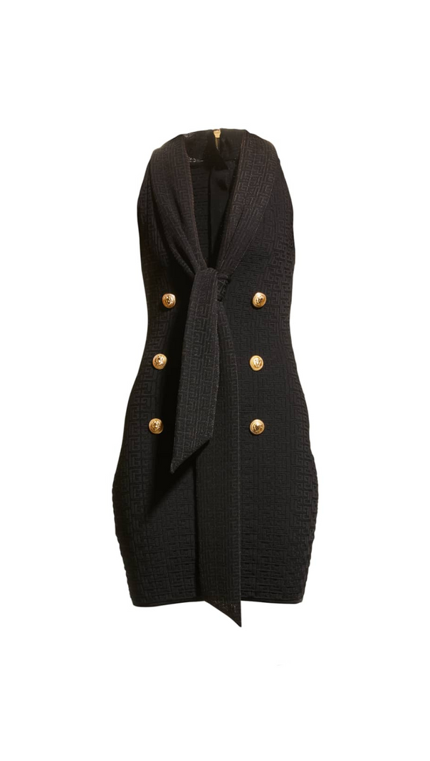 AIIZIE EVELYN JACQUARD MONOGRAM SHAWL-COLLAR MINI DRESS IN BLACK - product image