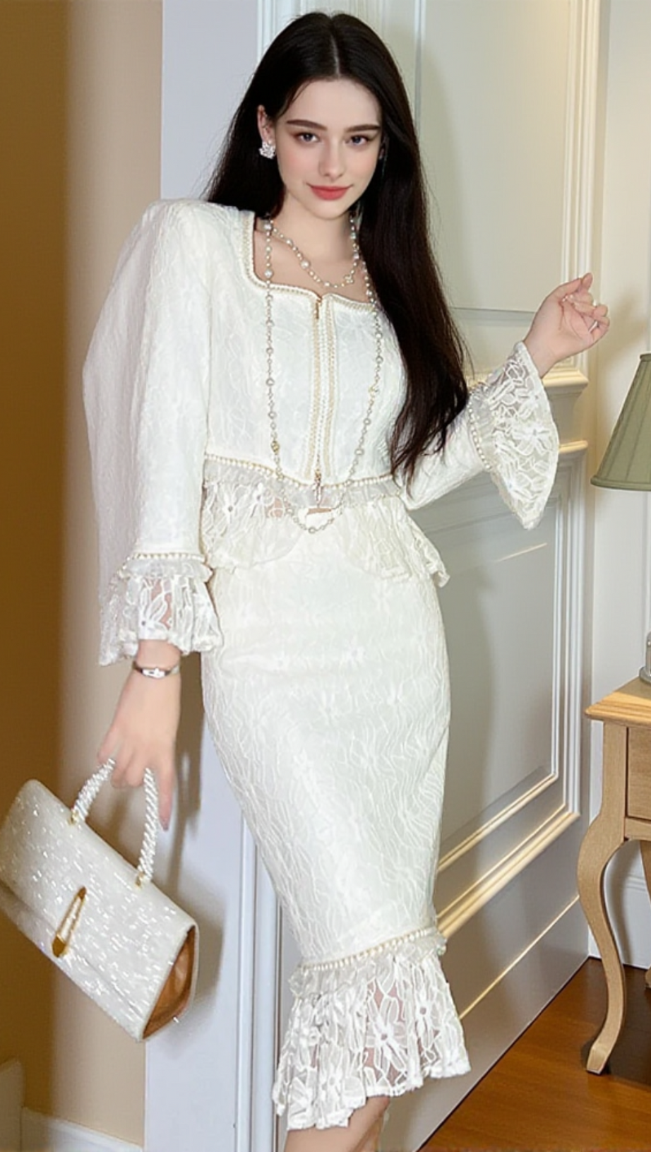 LACE TOP BODYCON SKIRT SUIT IN IVORY