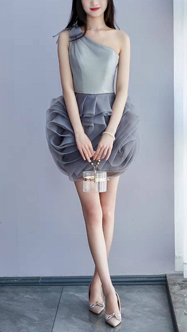 ONE SHOULDER MESH MINI DRESS IN GREY