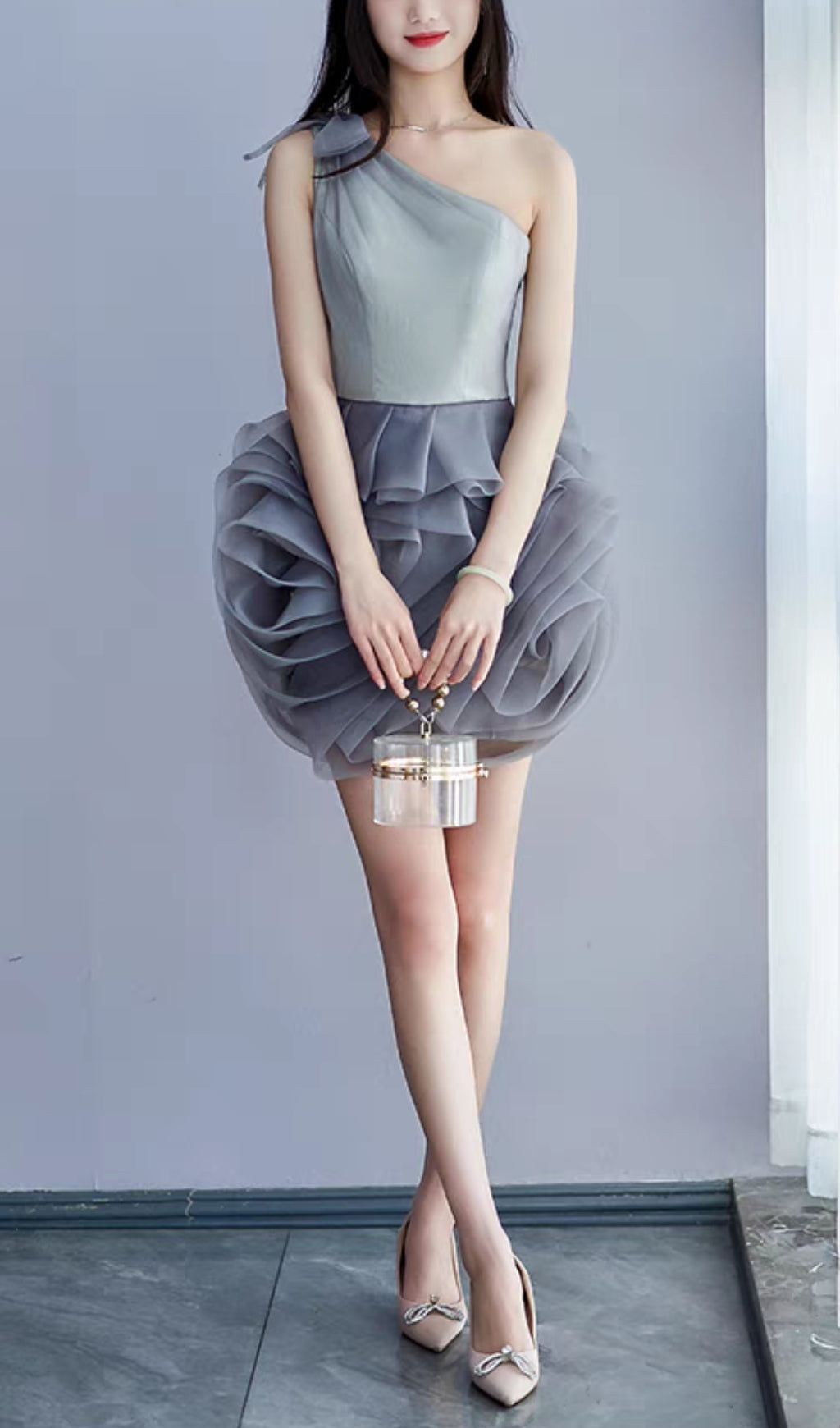 ONE SHOULDER MESH MINI DRESS IN GREY