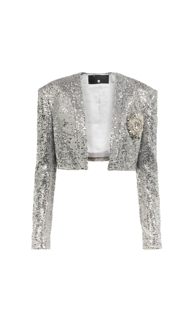 AIIZIE TAMMY CROPPED SEQUINED BLAZER IN SLIVER - product image