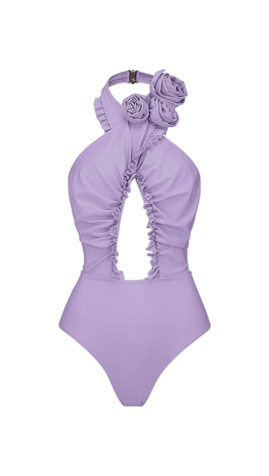 PURPLE HALTER 3D FLOWER ONE PIECE SWIMSUIT AND SARONG