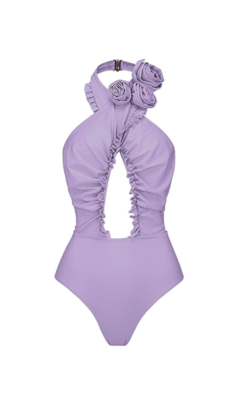 PURPLE HALTER 3D FLOWER ONE PIECE SWIMSUIT AND SARONG