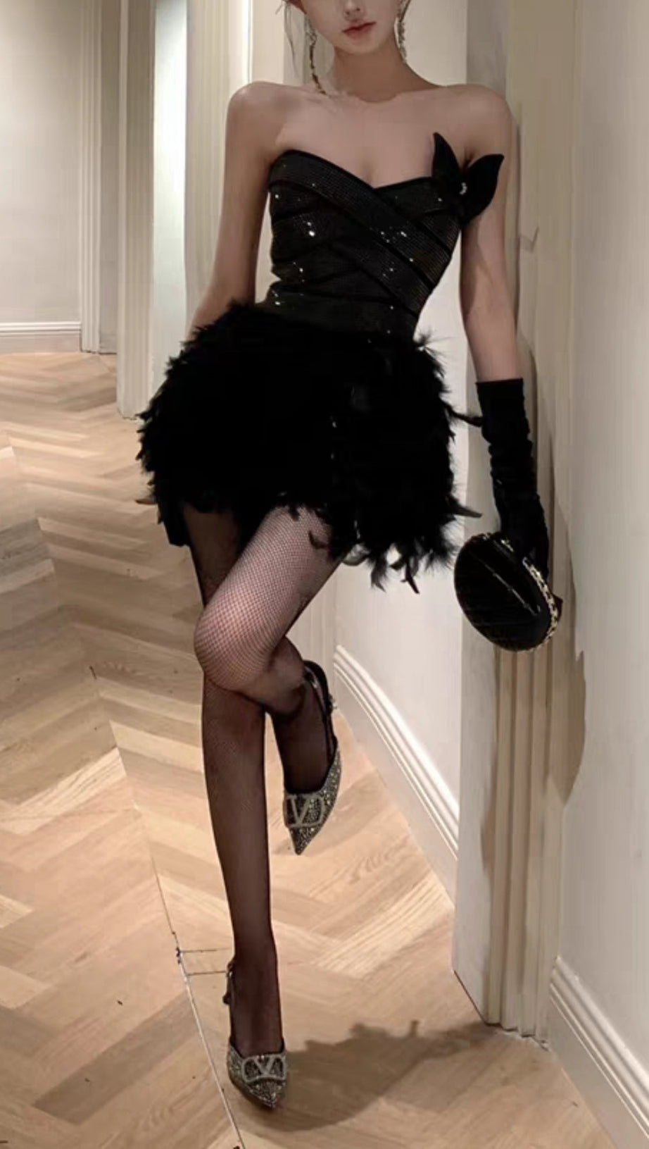 RHINESTONE FEATHER STRAPLESS MINI DRESS IN BLACK