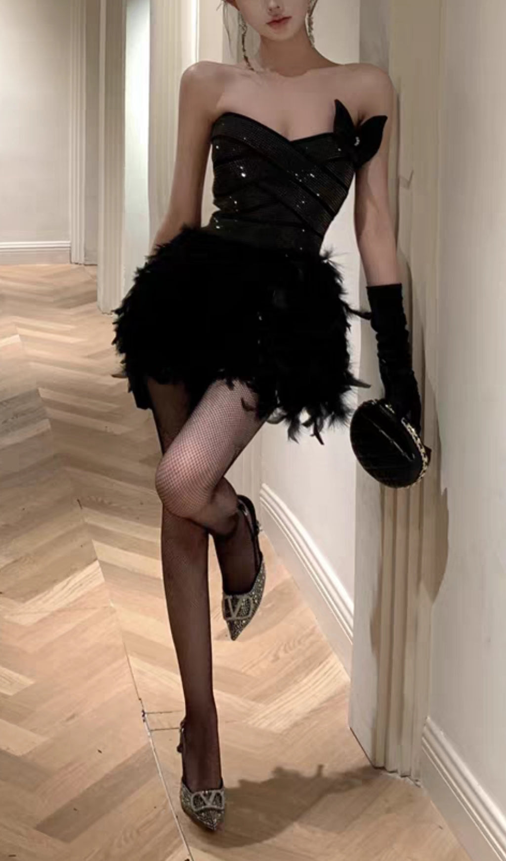 AIIZIE RHINESTONE FEATHER STRAPLESS MINI DRESS IN BLACK - product image