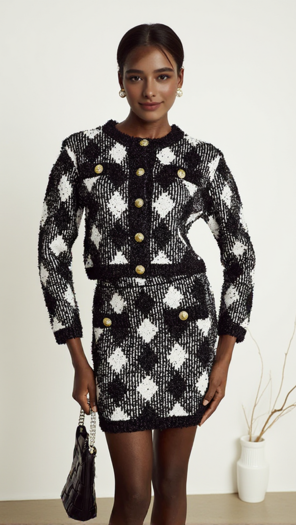 AIIZIE BLACK WHITE GINGHAM TWEED CARDIGAN - product image