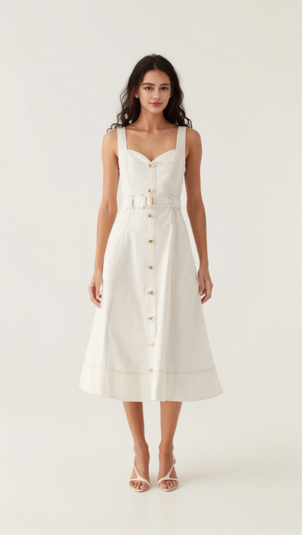 AIIZIE SWEETHEART NECKLINE BELTED MIDI DRESS IN IVORY - product image