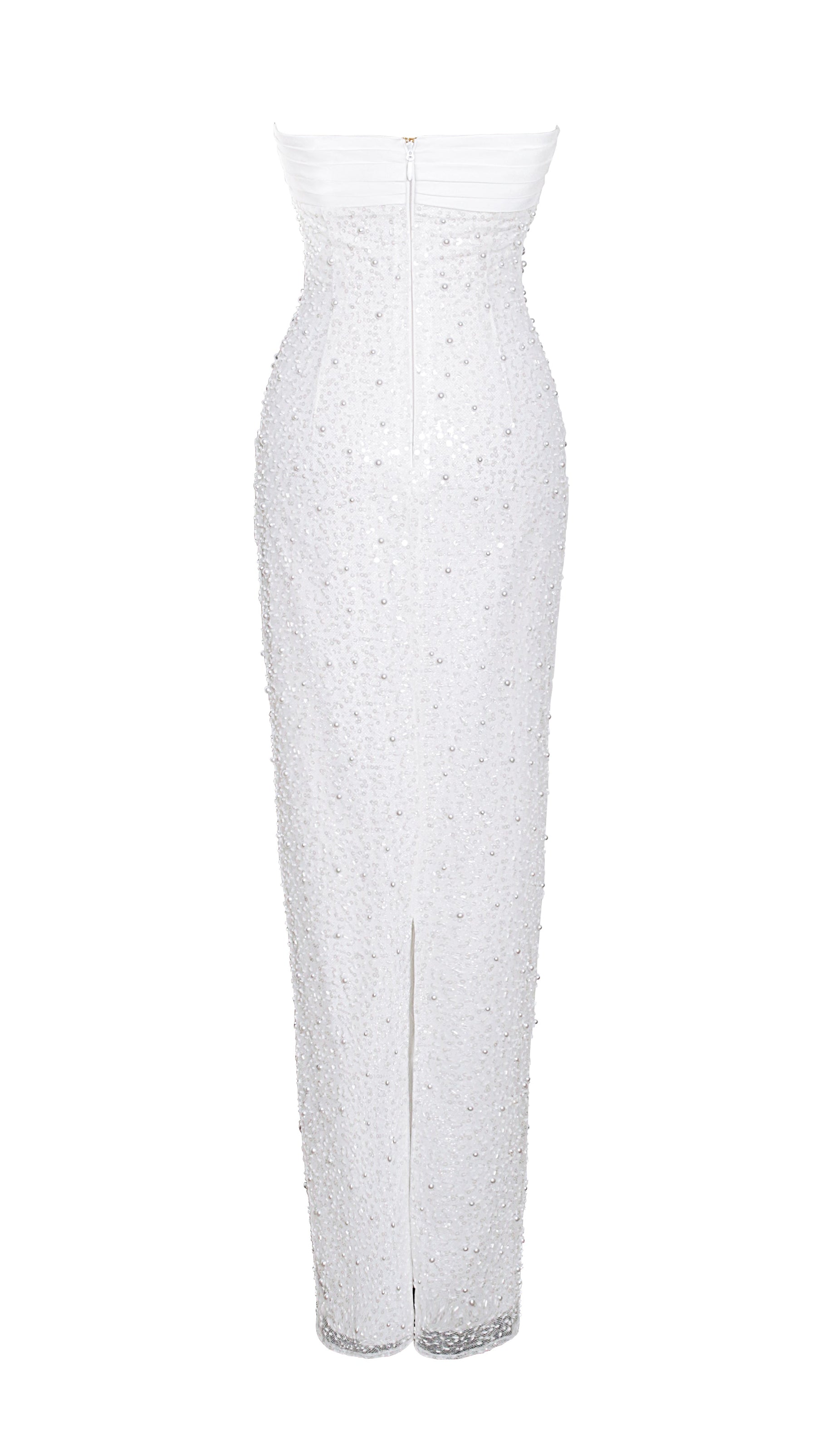 LAINEY WHITE SATIN SEQUIN PEARLS BEADED MAXI DRESS