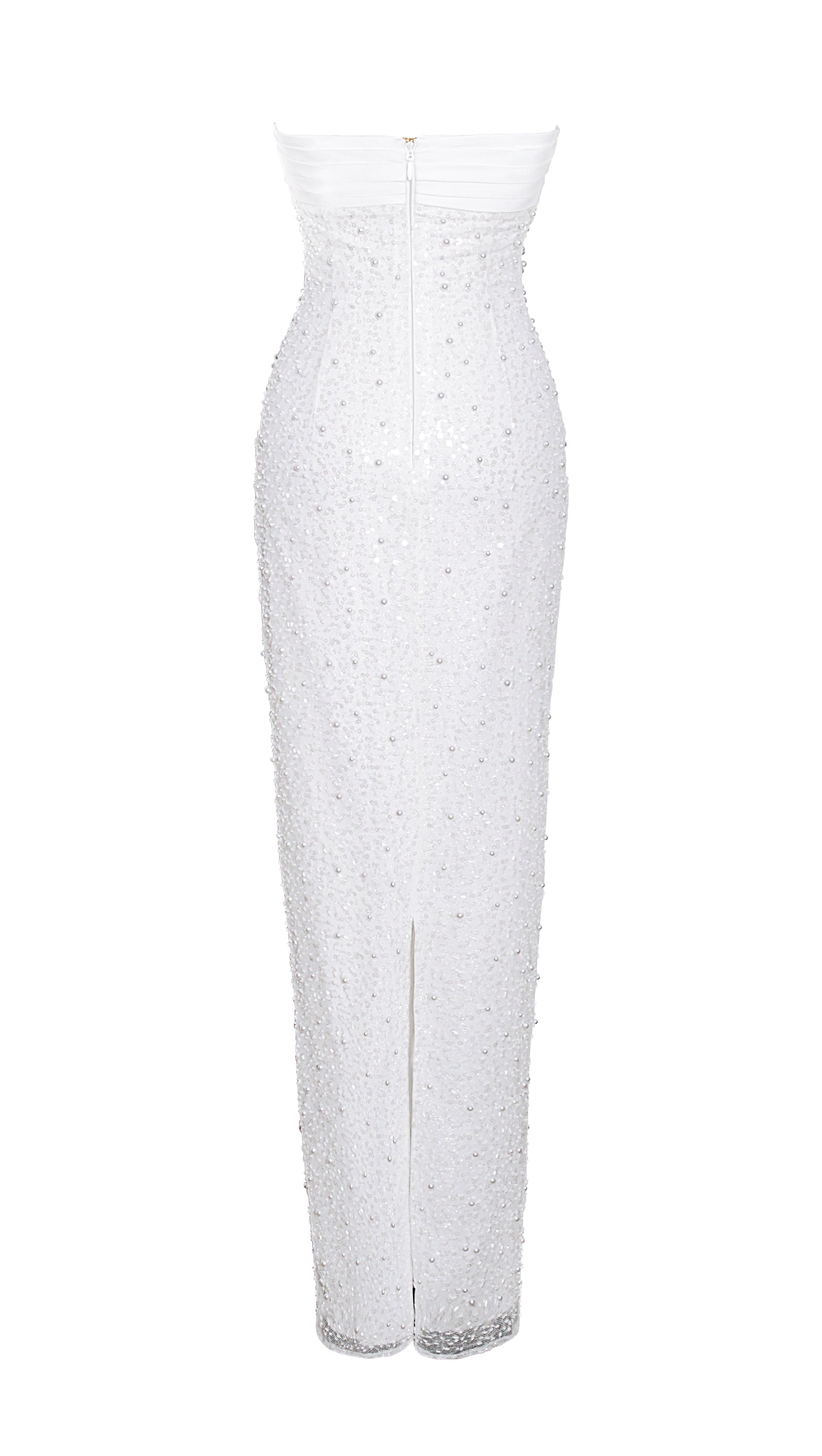 Lainey Maxikleid aus weißem Satin mit Pailletten und Perlen