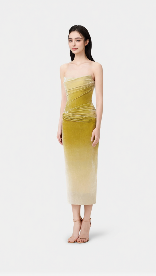 AIIZIE RUCHED VELVET STRAPLESS MIDI DRESS IN GREEN GRADIENT - product image