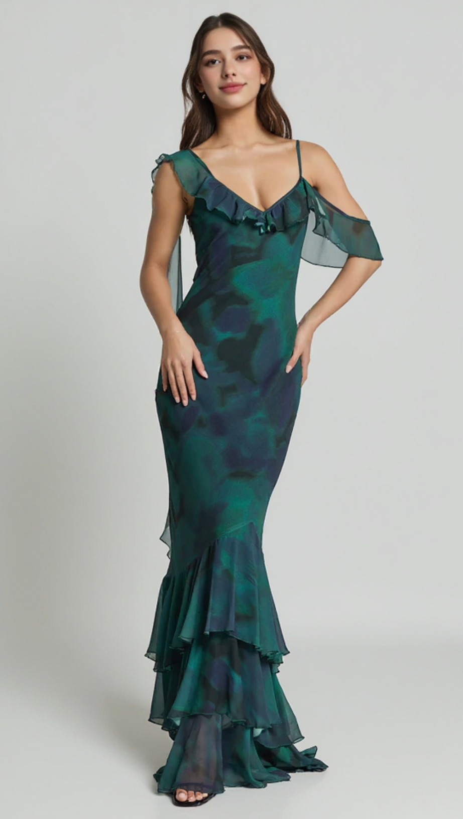 ASYMMETRIC RUFFLE DETAIL MAXI DRESS IN MOSS ADEANA