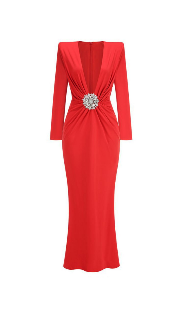 AIIZIE BERNICE LONG SLEEVE DRAPED EMBELLISHED MAXI DRESS IN RED - product image