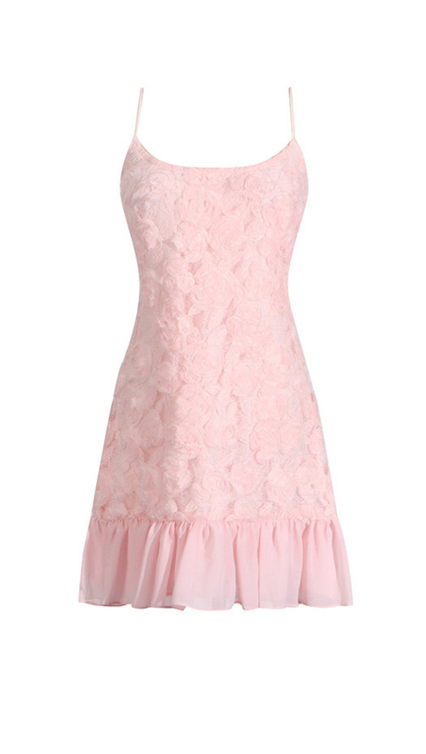 AIIZIE FLORAL APPLIQUÉ PLEATED HEM MINI DRESS IN PINK - product image