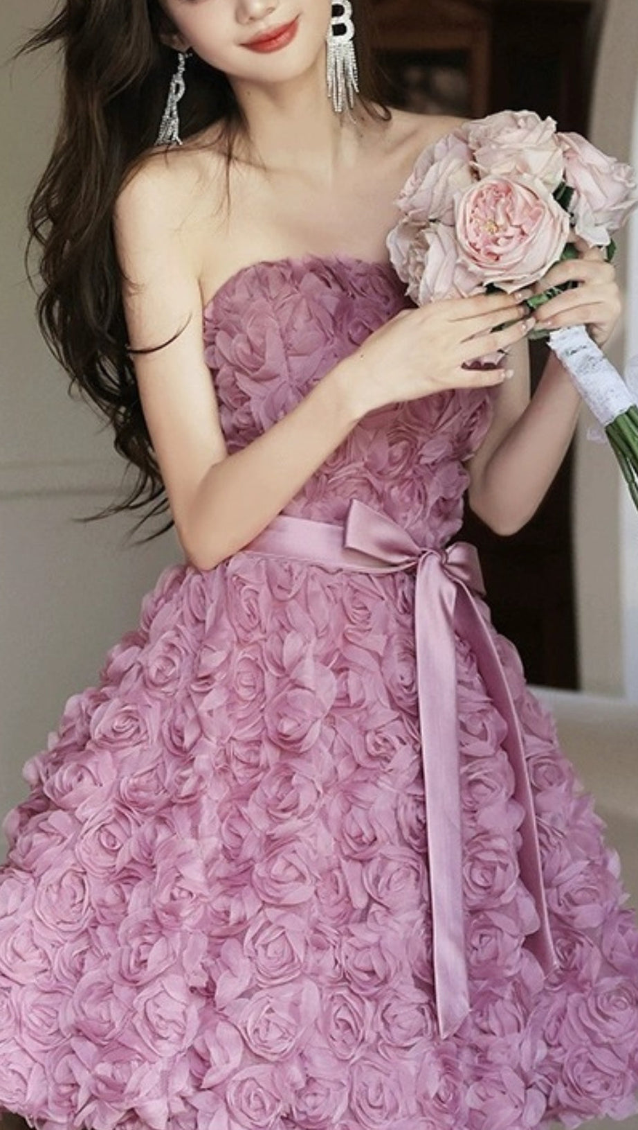 ROSE FLOWER STRAPLESS MINI DRESS