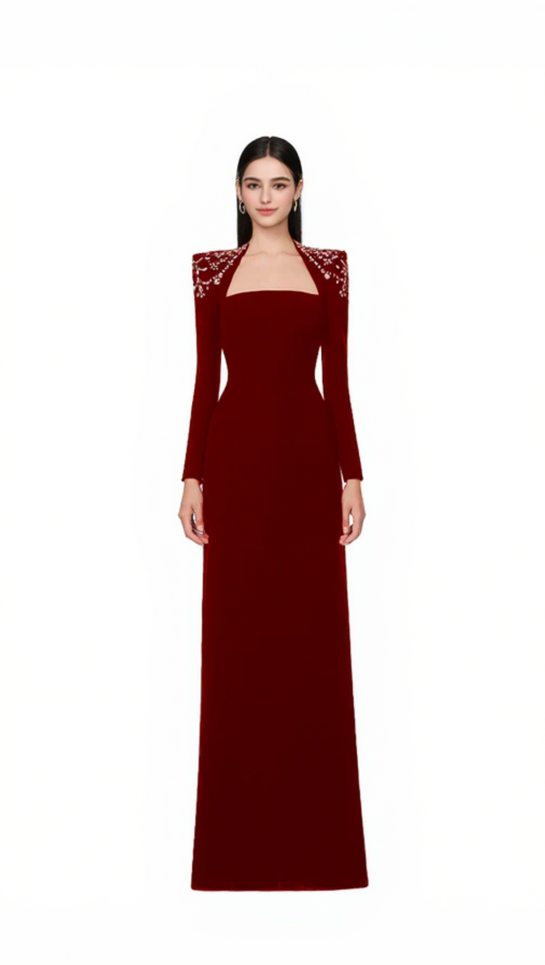 AIIZIE LONG SLEEVE TRAPEZOID NECKLINE BODYCON MAXI DRESS IN RED - product image
