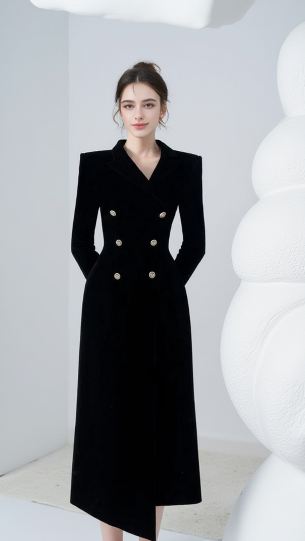 CALORIA ASYMMETRIC NOTCH LAPEL VELVET MIDI DRESS