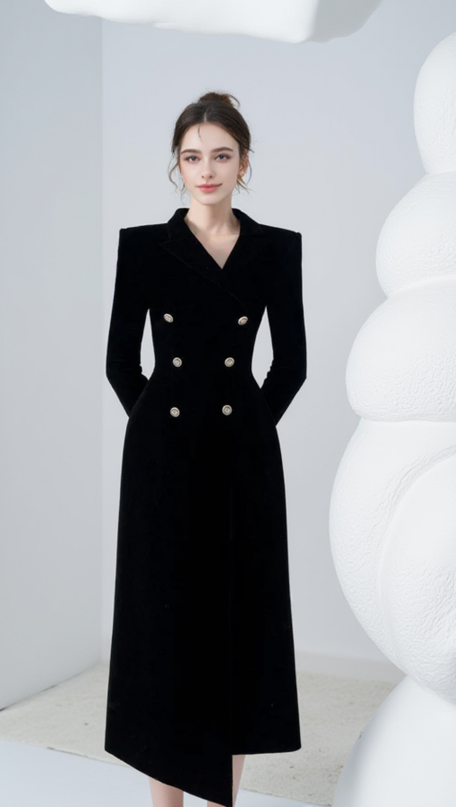 CALORIA ASYMMETRIC NOTCH LAPEL VELVET MIDI DRESS