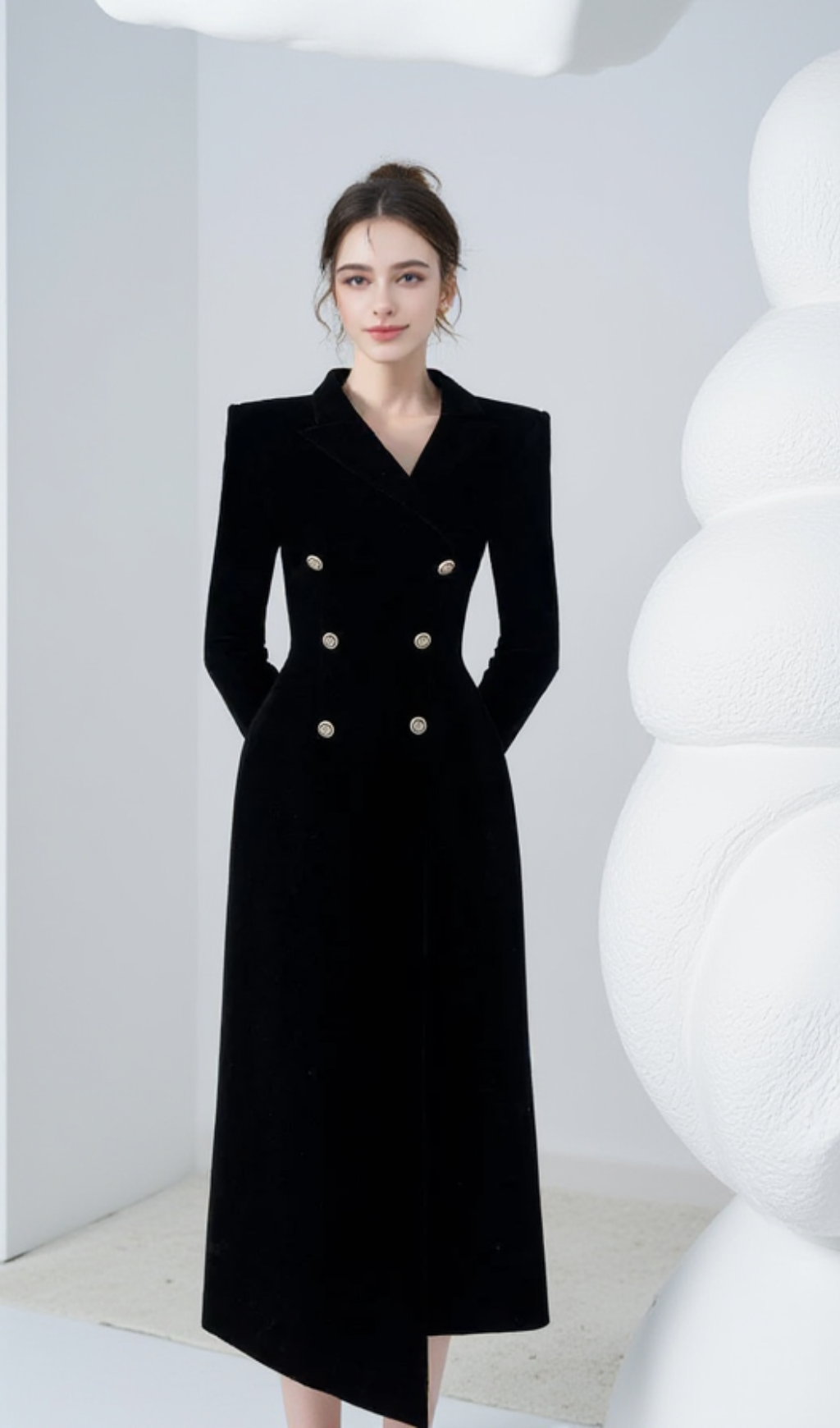 CALORIA ASYMMETRIC NOTCH LAPEL VELVET MIDI DRESS