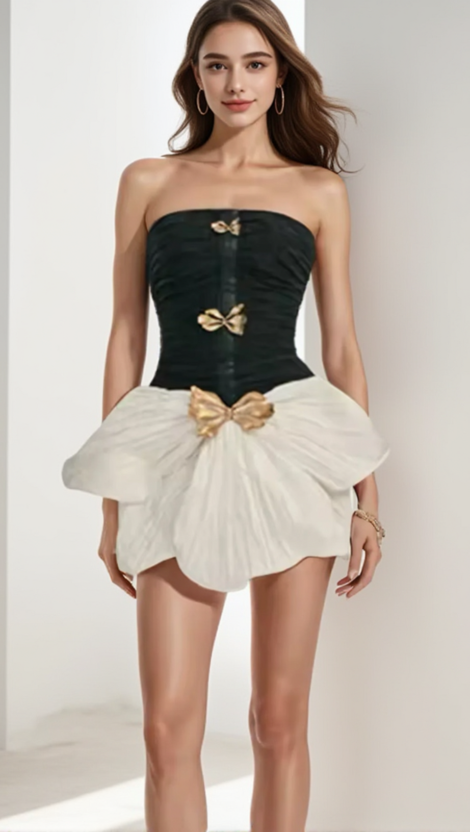 TWO-TONE BOW STRAPLESS RUCHED MINI DRESS