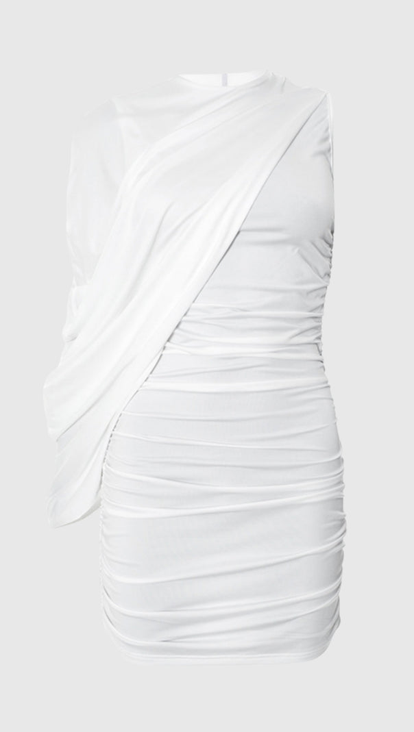 AIIZIE ZENOBIA ASYMMETRIC SHAWL ONE SHOULDER RUCHED MINI DRESS IN WHITE - product image