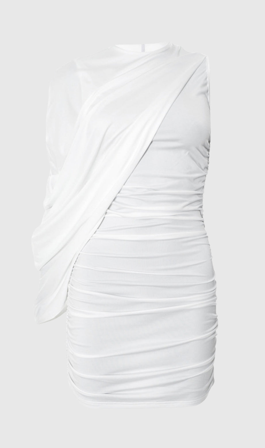 zenobia Asymmetric Shawl One Shoulder Ruched Mini Dress in White