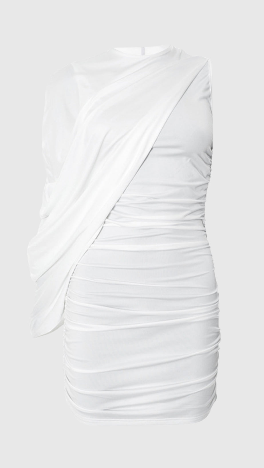ZENOBIA ASYMMETRIC SHAWL ONE SHOULDER RUCHED MINI DRESS IN WHITE