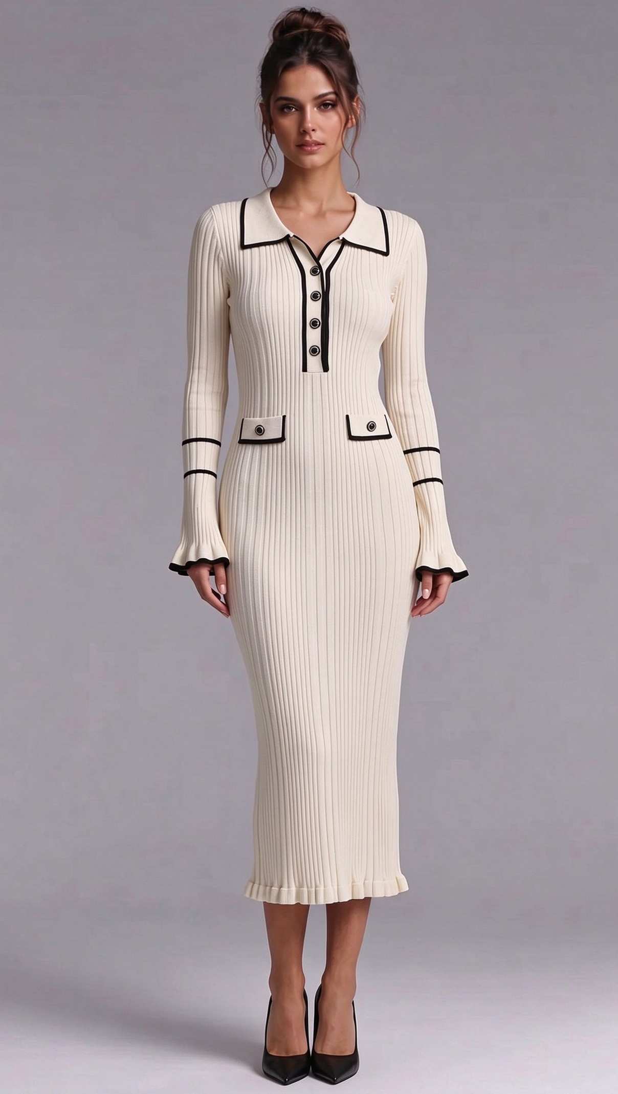 Cream Ribbed Knit Column Dress with Black Contrast Trim