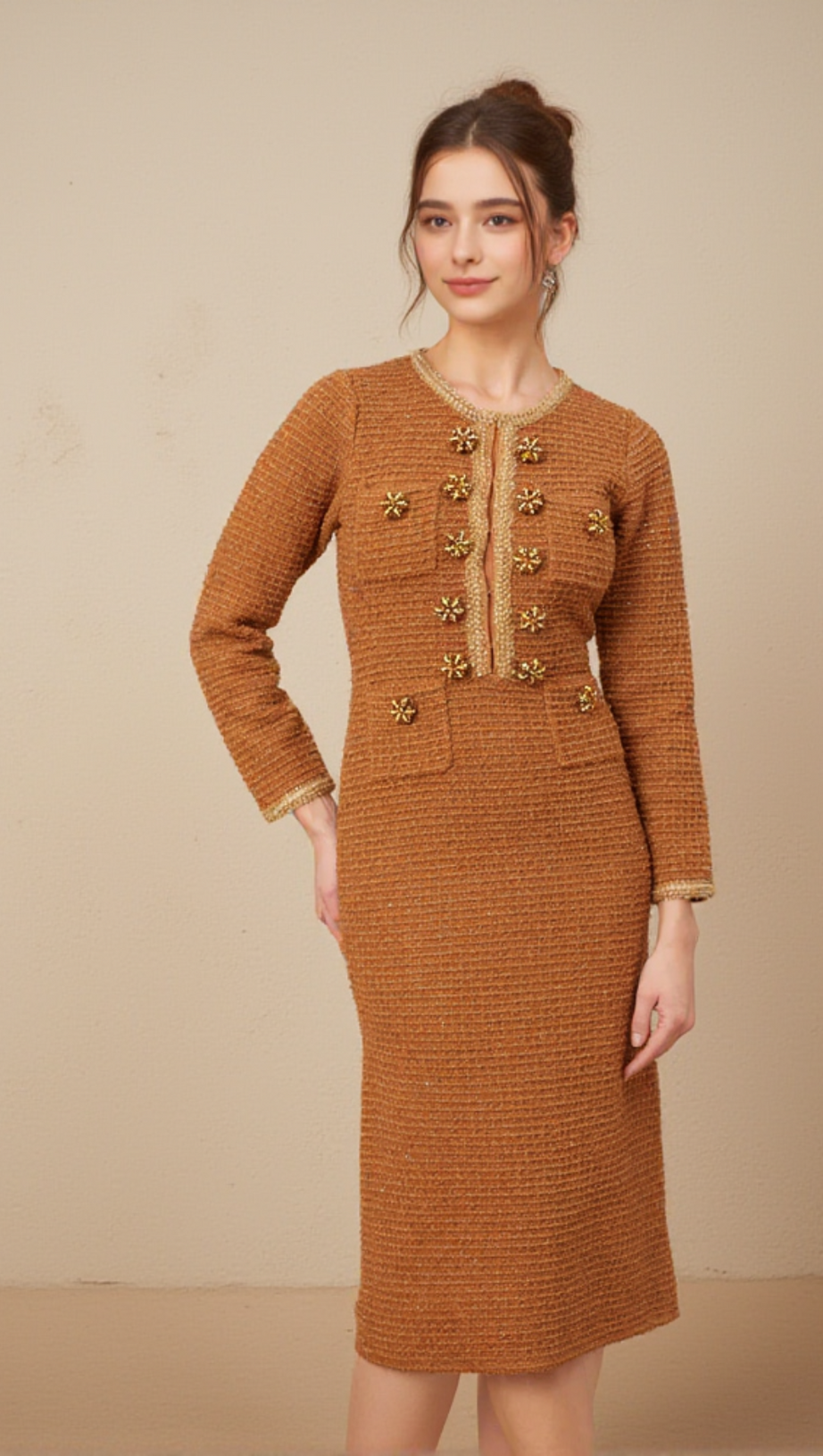 BRAIDED-EDGE TWEED MIDI DRESS IN BROWN