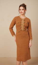 braided-edge tweed midi dress in brown