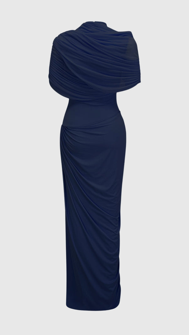 AIIZIE AAKIFA ASYMMETRIC DRAPED MAXI DRESS IN NAVY BLUE - product image