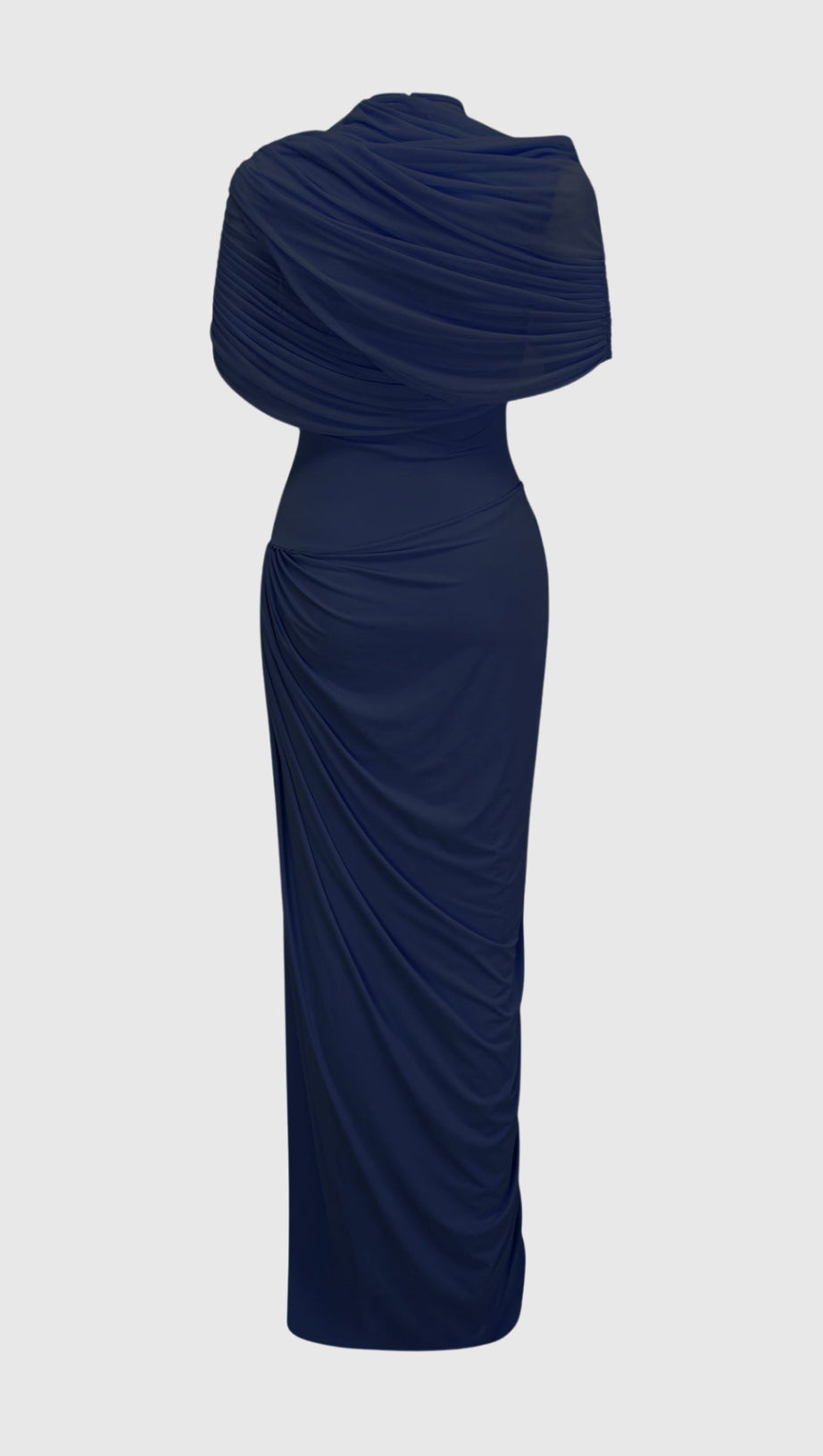 AAKIFA ASYMMETRIC DRAPED MAXI DRESS IN NAVY BLUE