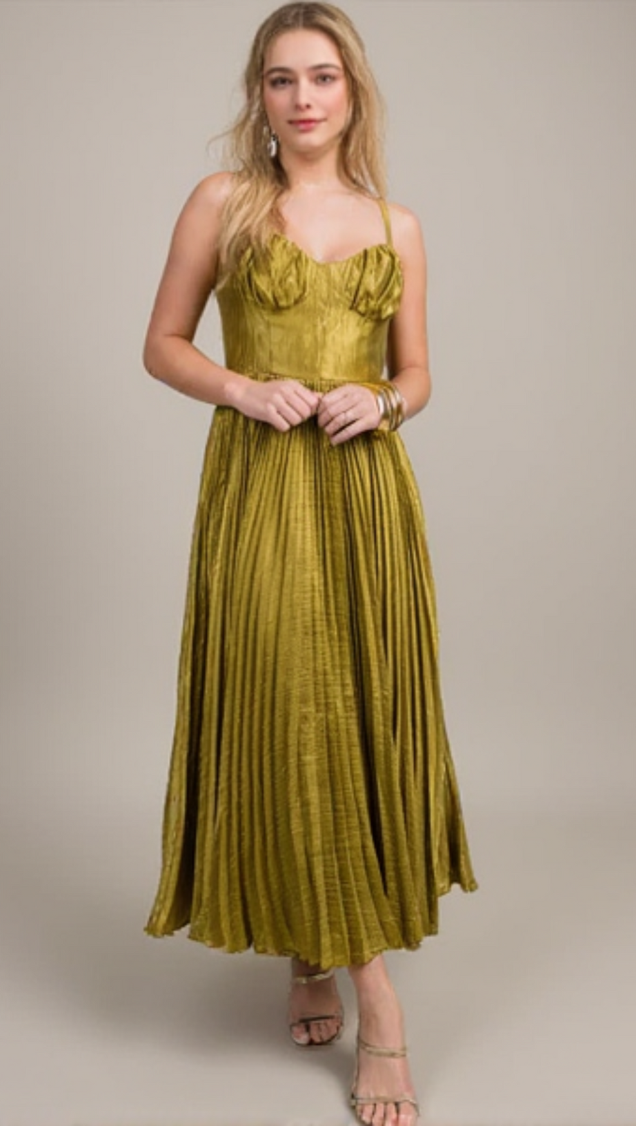CHARTREUSE SATIN PLEATED MIDI DRESS