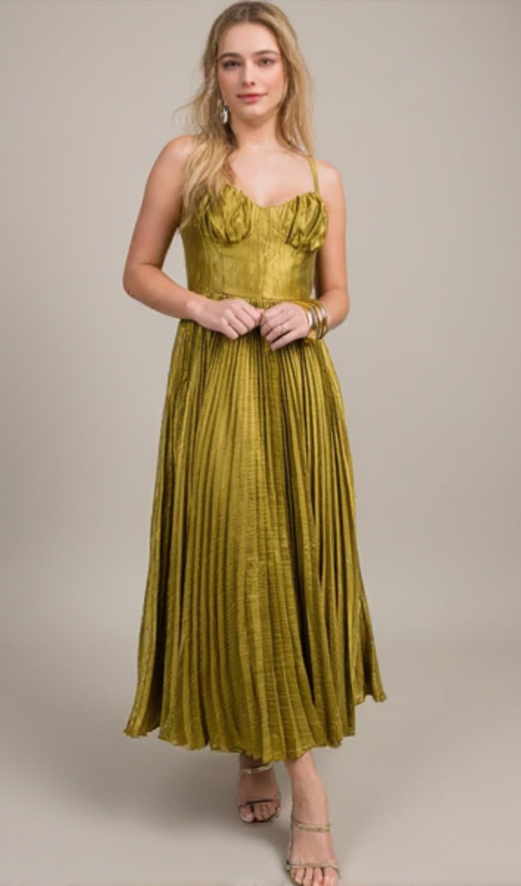 CHARTREUSE SATIN PLEATED MIDI DRESS